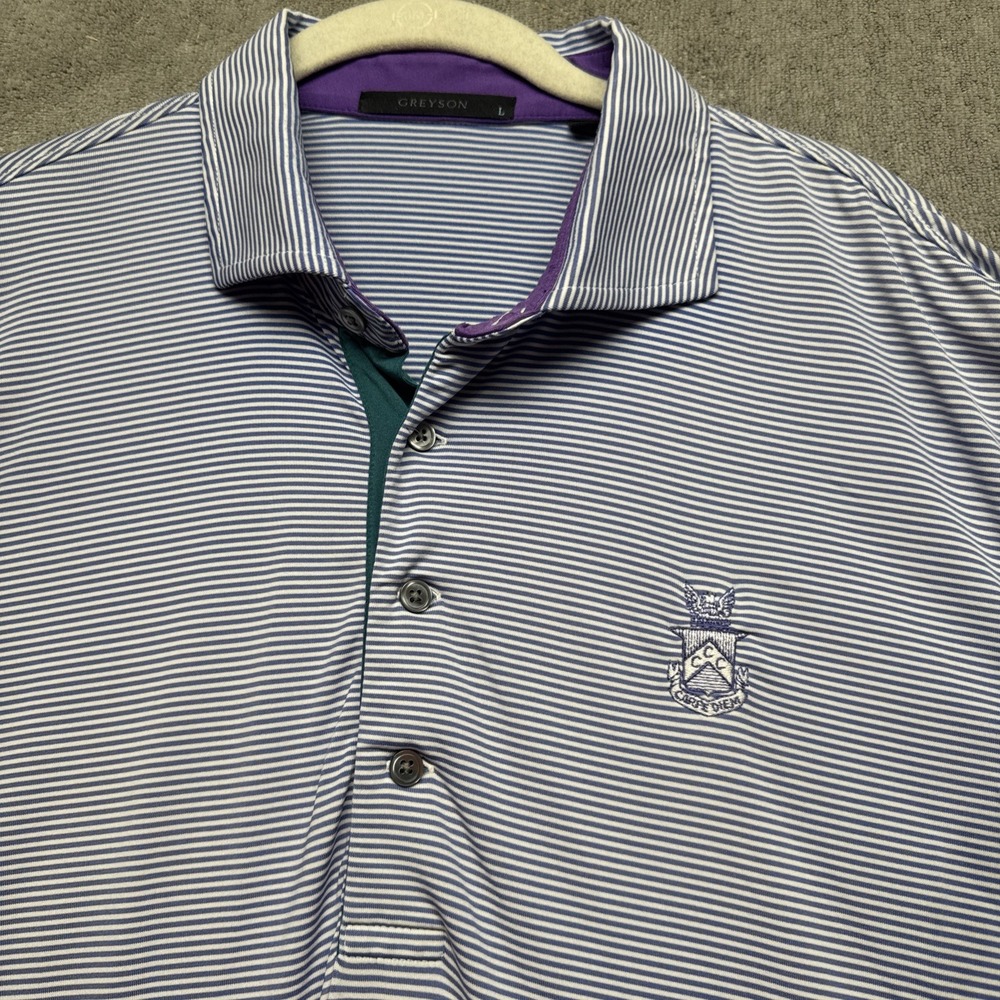 Greyson Men's Striped‎ Golf Polo Purple White Performance Shirt Size Large Logo